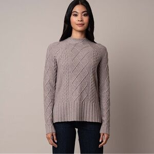 Cyrus Oatmeal Taupe Cable Ribbed Funnel Neck Long Sleeved Pullover Sweater